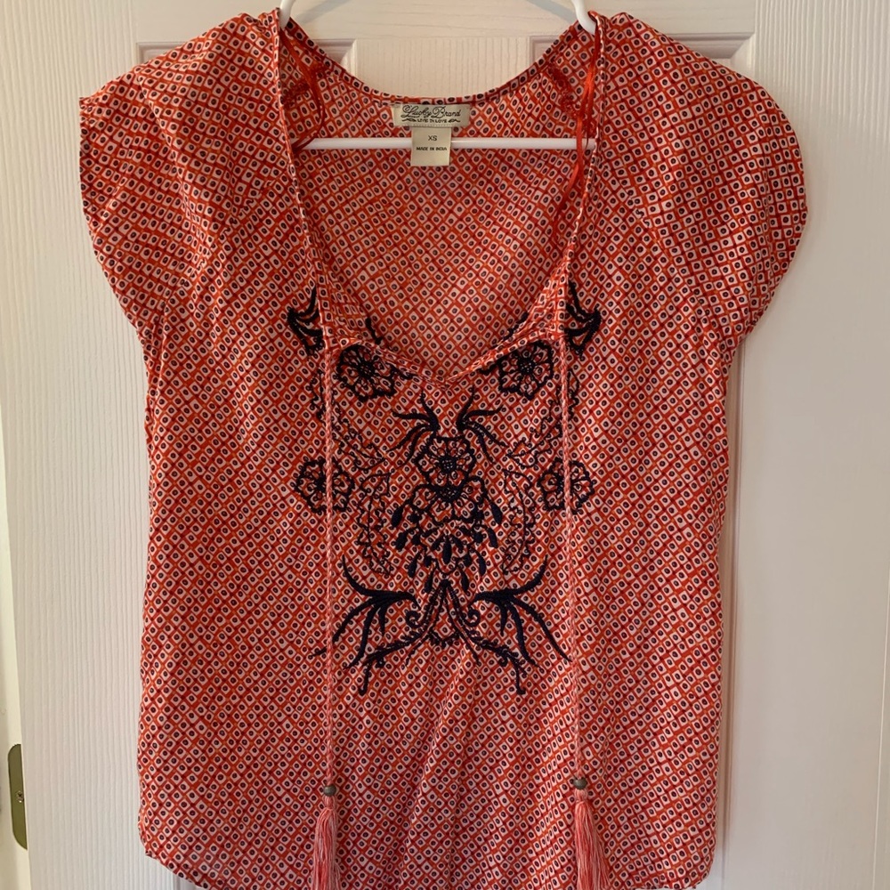 Red luck brand blouse with navy embroidery